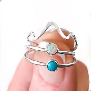 925 Sterling Silver Mountain Range Turquoise & White Fire Opal Stacking Ring Set